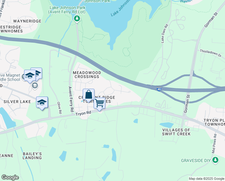 map of restaurants, bars, coffee shops, grocery stores, and more near 5304 Silver Moon Lane in Raleigh