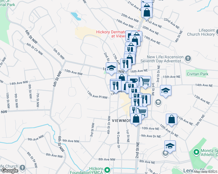 map of restaurants, bars, coffee shops, grocery stores, and more near 1420 4th Street Drive Northwest in Hickory