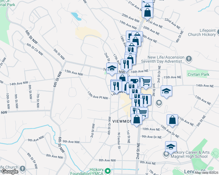 map of restaurants, bars, coffee shops, grocery stores, and more near 1420 4th Street Drive Northwest in Hickory