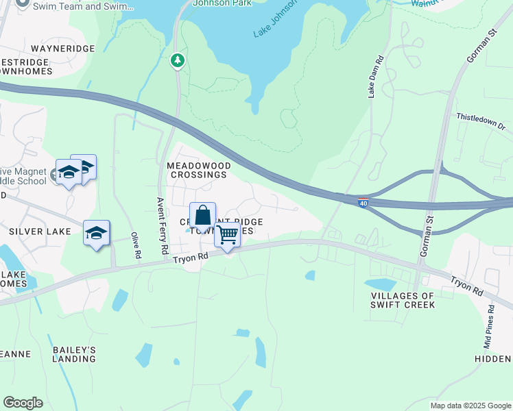 map of restaurants, bars, coffee shops, grocery stores, and more near 5304 Silver Moon Lane in Raleigh