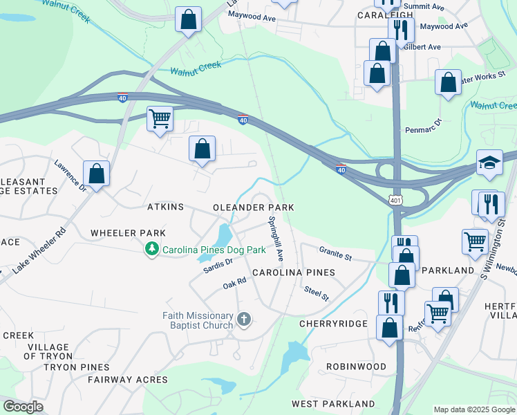 map of restaurants, bars, coffee shops, grocery stores, and more near 612 Parkander Court in Raleigh