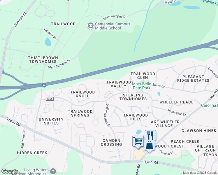 map of restaurants, bars, coffee shops, grocery stores, and more near 2836 Crestscene Trail in Raleigh
