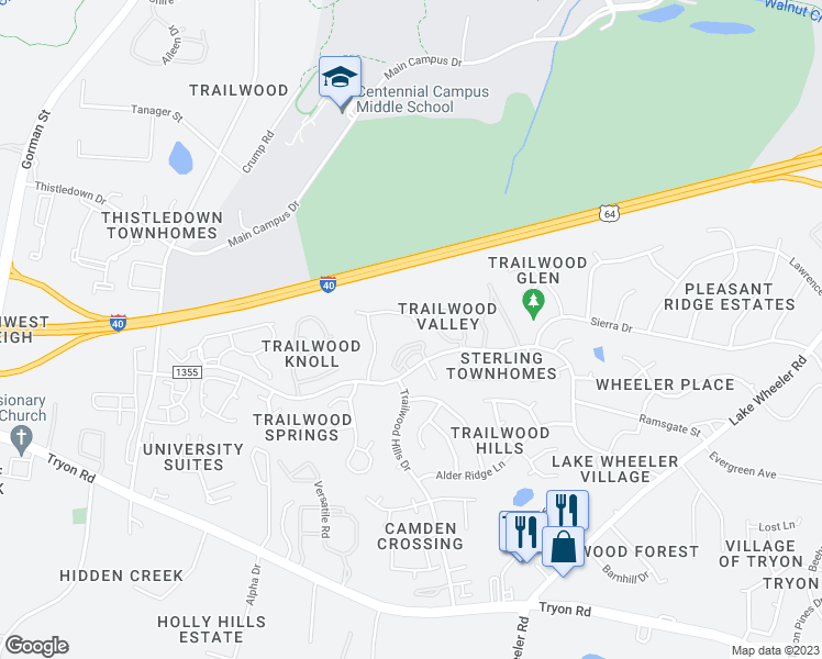 map of restaurants, bars, coffee shops, grocery stores, and more near 2836 Crestscene Trail in Raleigh
