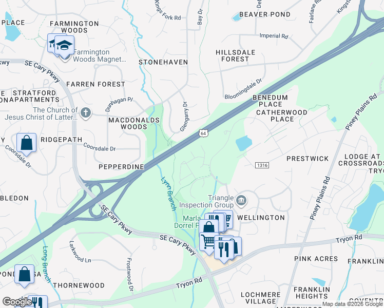 map of restaurants, bars, coffee shops, grocery stores, and more near 722 Renshaw Court in Cary