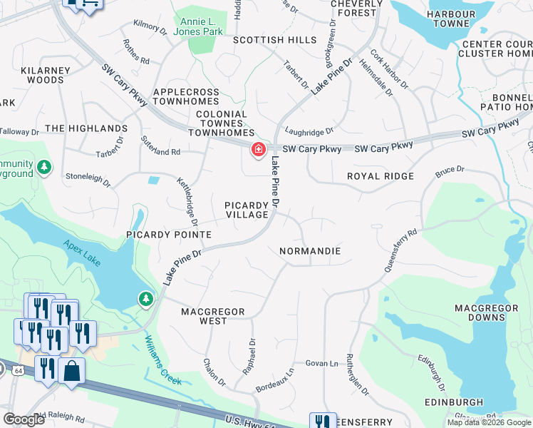 map of restaurants, bars, coffee shops, grocery stores, and more near 104 South Devimy Court in Cary