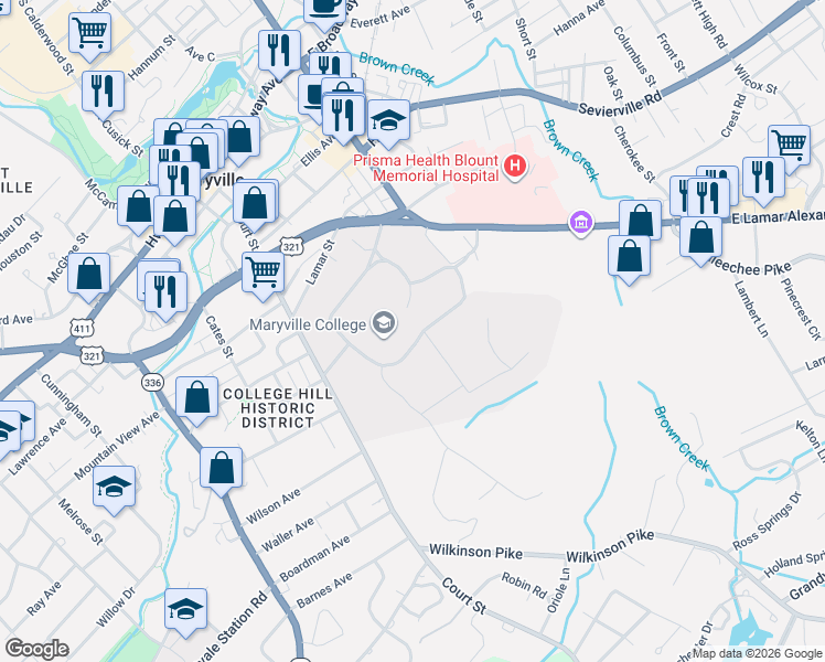 map of restaurants, bars, coffee shops, grocery stores, and more near 502 East Lamar Alexander Parkway in Maryville