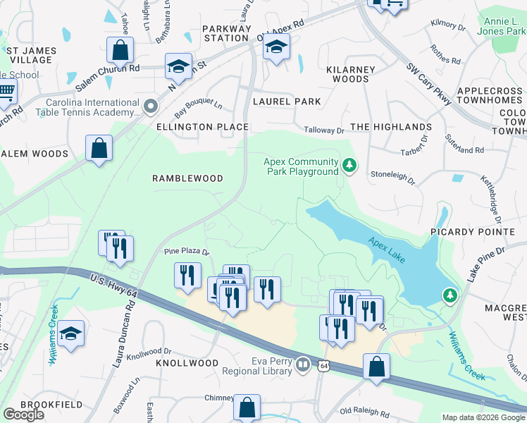 map of restaurants, bars, coffee shops, grocery stores, and more near 637 Edgewater Ridge Court in Apex