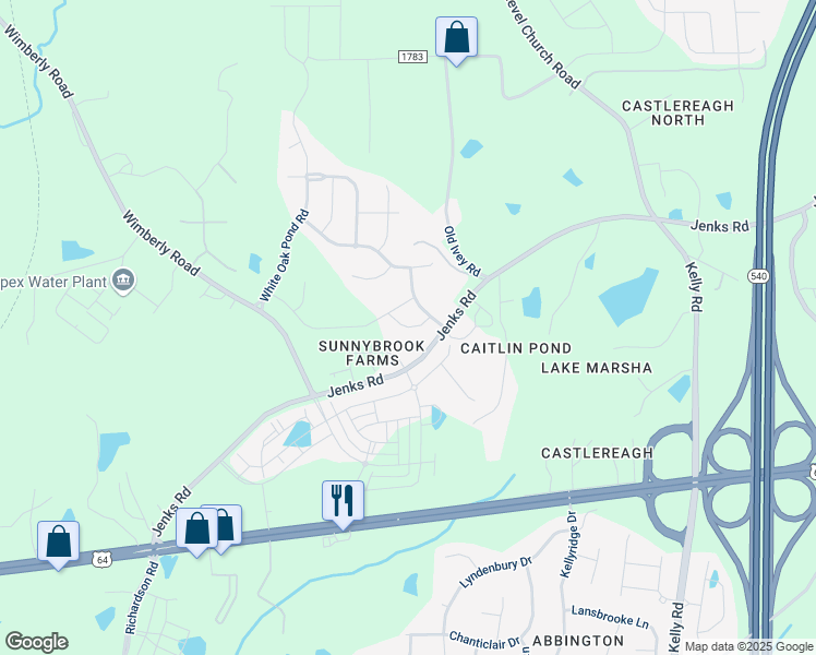 map of restaurants, bars, coffee shops, grocery stores, and more near Sunnybranch Lane in Apex