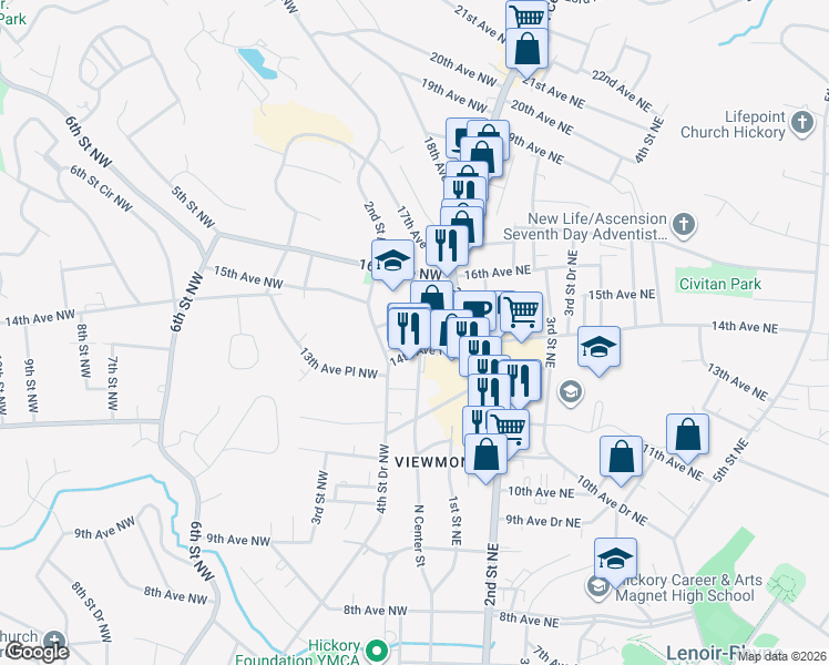 map of restaurants, bars, coffee shops, grocery stores, and more near 103 14th Avenue Northeast in Hickory
