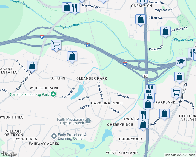 map of restaurants, bars, coffee shops, grocery stores, and more near 2400 Springhill Avenue in Raleigh