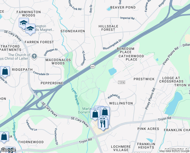 map of restaurants, bars, coffee shops, grocery stores, and more near 1013 Renshaw Court in Cary