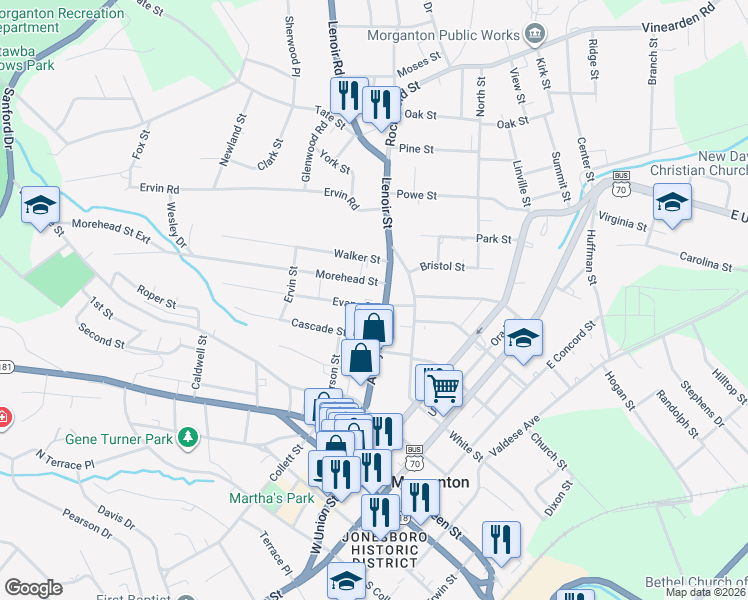 map of restaurants, bars, coffee shops, grocery stores, and more near 237 Avery Avenue in Morganton