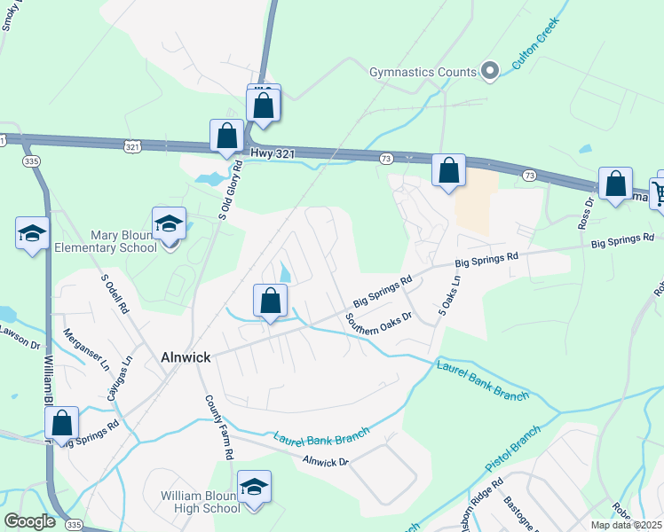 map of restaurants, bars, coffee shops, grocery stores, and more near 185 Watson Drive in Maryville