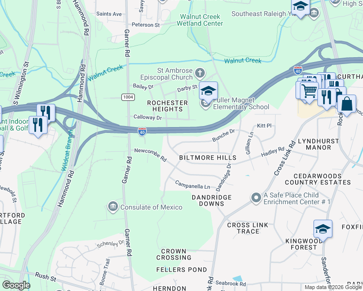 map of restaurants, bars, coffee shops, grocery stores, and more near 709 Bunche Drive in Raleigh