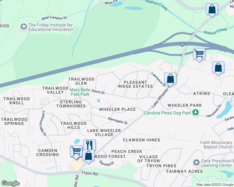 map of restaurants, bars, coffee shops, grocery stores, and more near 2312 Sierra Drive in Raleigh