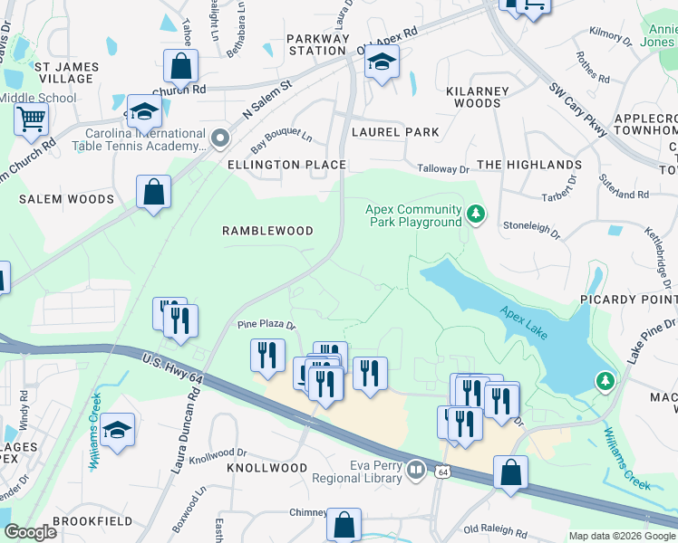map of restaurants, bars, coffee shops, grocery stores, and more near 2070 State Road 1306 in Apex