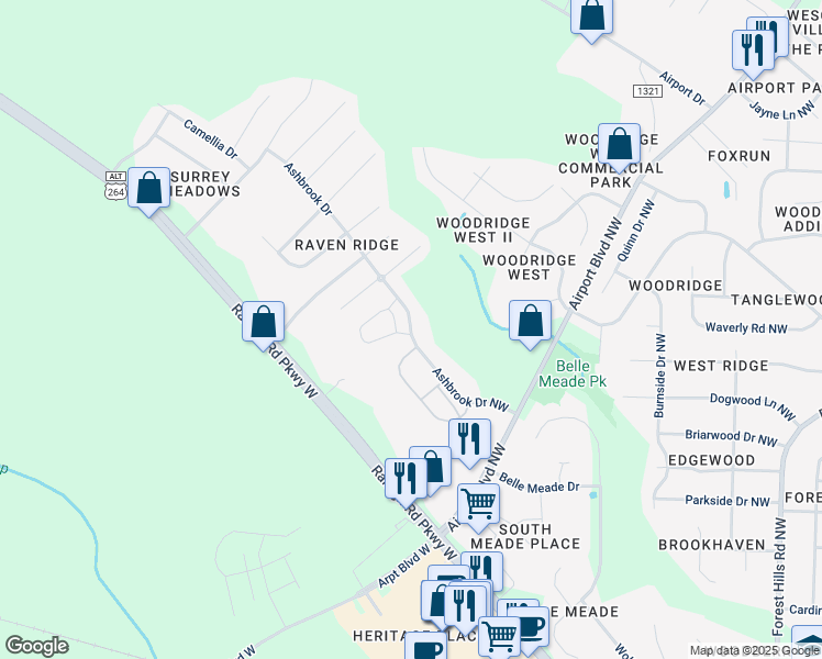 map of restaurants, bars, coffee shops, grocery stores, and more near Ashbrook Drive Northwest in Wilson