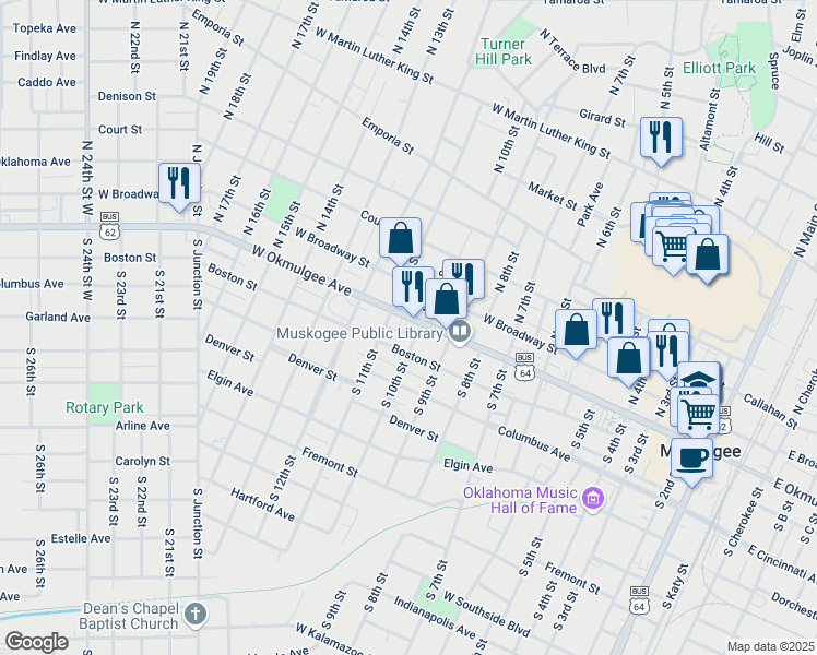 map of restaurants, bars, coffee shops, grocery stores, and more near 1001 West Broadway Street in Muskogee