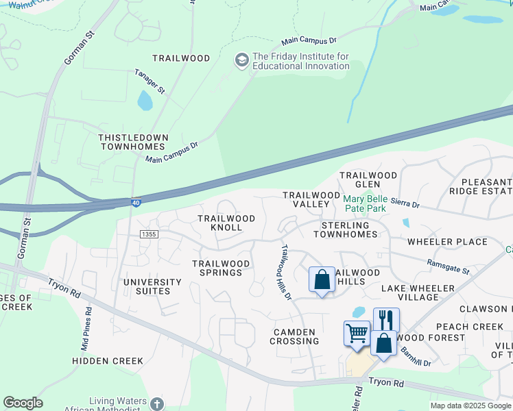 map of restaurants, bars, coffee shops, grocery stores, and more near 3000 Trailwood Pines Lane in Raleigh