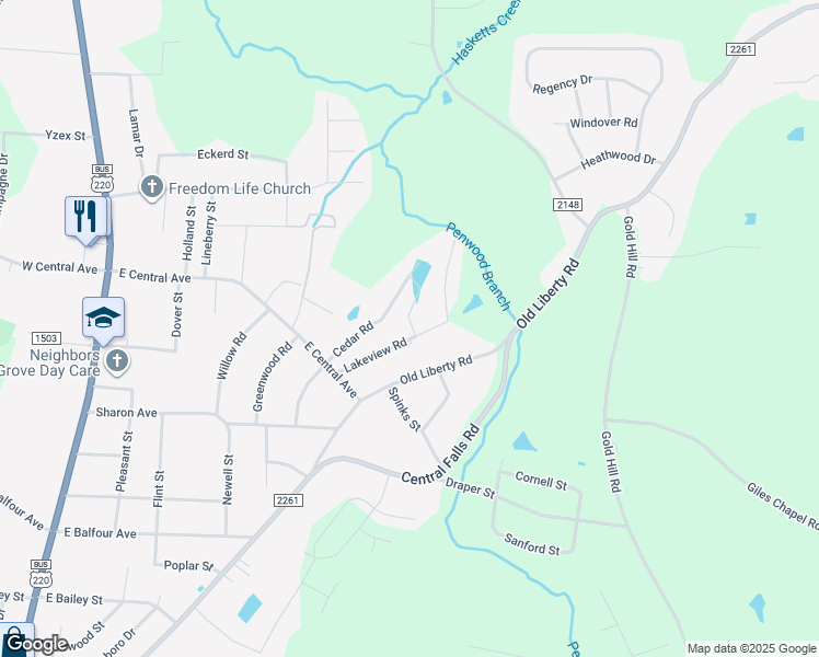 map of restaurants, bars, coffee shops, grocery stores, and more near 1977 Lakeview Road in Asheboro