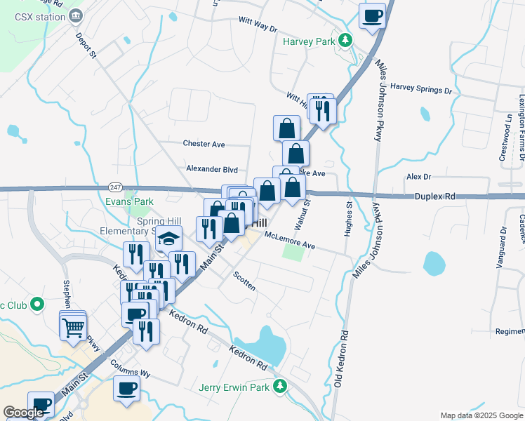 map of restaurants, bars, coffee shops, grocery stores, and more near 5286 Main Street in Spring Hill