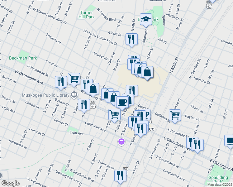 map of restaurants, bars, coffee shops, grocery stores, and more near 429 Denison Street in Muskogee