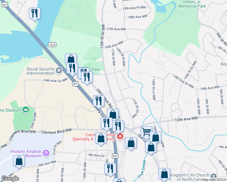 map of restaurants, bars, coffee shops, grocery stores, and more near 1427 11th Street Northwest in Hickory