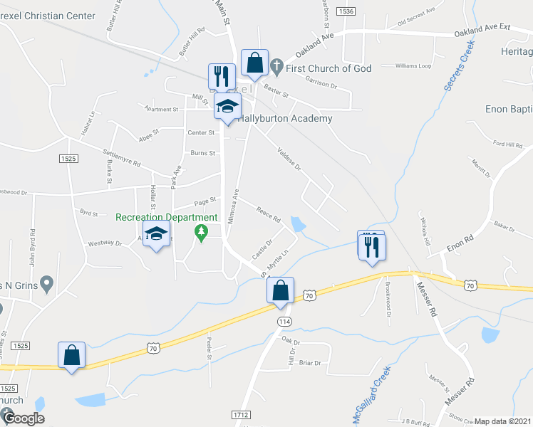 map of restaurants, bars, coffee shops, grocery stores, and more near 110 Reece Road in Morganton