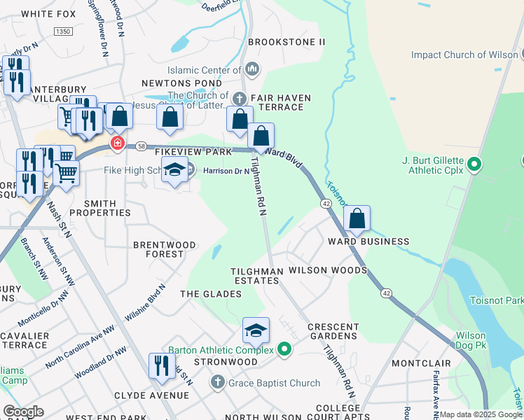 map of restaurants, bars, coffee shops, grocery stores, and more near 2021 Tilghman Road North in Wilson