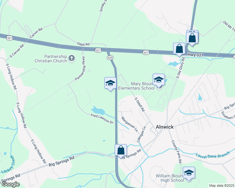 map of restaurants, bars, coffee shops, grocery stores, and more near 1736 William Blount Drive in Maryville