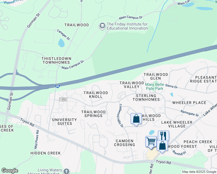 map of restaurants, bars, coffee shops, grocery stores, and more near 3000 Trailwood Pines Lane in Raleigh