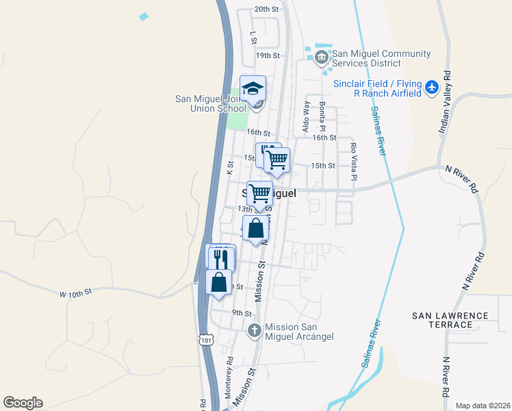 map of restaurants, bars, coffee shops, grocery stores, and more near 1356 L Street in San Miguel