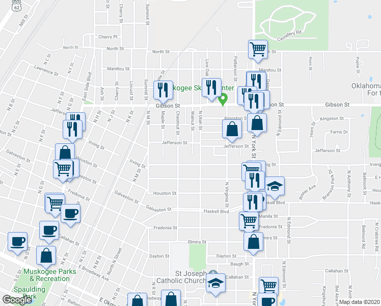 map of restaurants, bars, coffee shops, grocery stores, and more near 917 Walnut Street in Muskogee