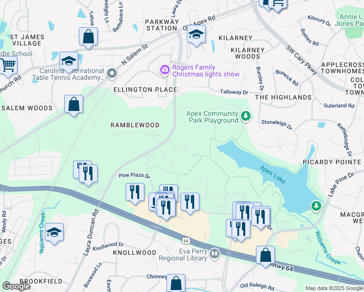 map of restaurants, bars, coffee shops, grocery stores, and more near 704 Edgewater Ridge Court in Apex