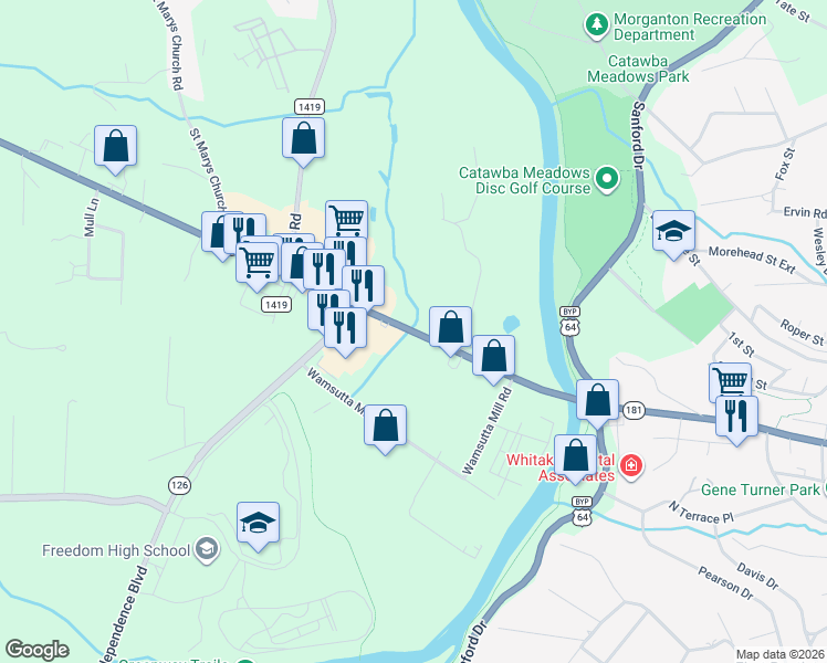 map of restaurants, bars, coffee shops, grocery stores, and more near 1066 North Green Street in Morganton