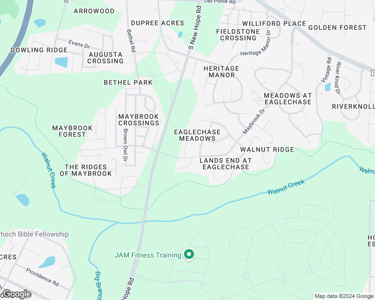 map of restaurants, bars, coffee shops, grocery stores, and more near 2127 Walnut Bluffs Lane in Raleigh
