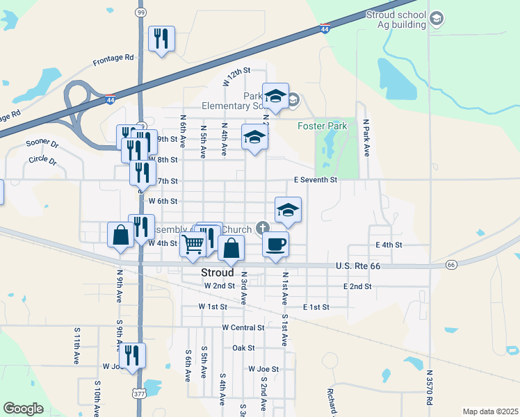 map of restaurants, bars, coffee shops, grocery stores, and more near 204 West 6th Street in Stroud