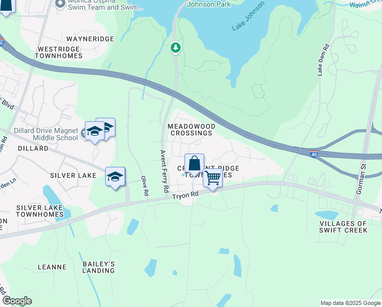 map of restaurants, bars, coffee shops, grocery stores, and more near 5451 Purplehorse Way in Raleigh