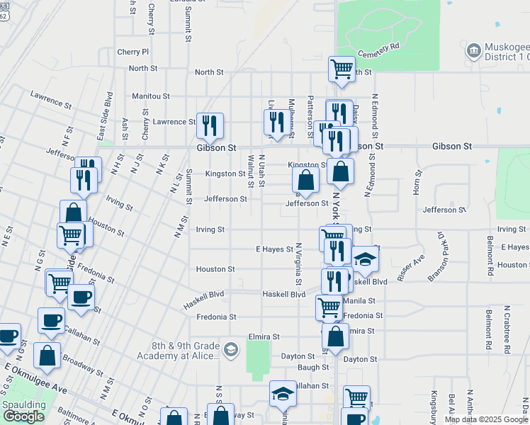 map of restaurants, bars, coffee shops, grocery stores, and more near 2104 Jefferson Street in Muskogee