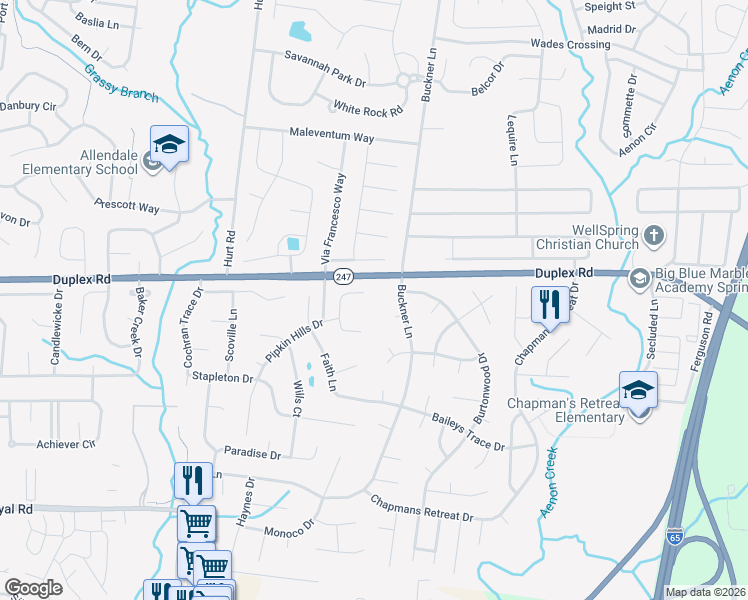 map of restaurants, bars, coffee shops, grocery stores, and more near 2921 Sams Court in Spring Hill