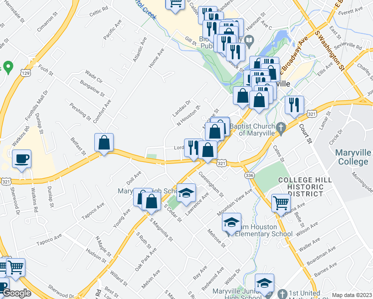 map of restaurants, bars, coffee shops, grocery stores, and more near 204 Simmons Street in Maryville