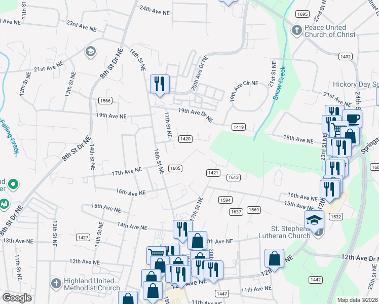map of restaurants, bars, coffee shops, grocery stores, and more near 1793 17th Avenue Northeast in Hickory