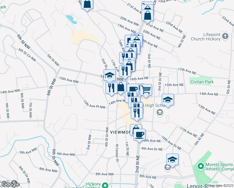 map of restaurants, bars, coffee shops, grocery stores, and more near 1410 4th Street Drive Northwest in Hickory
