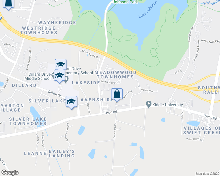 map of restaurants, bars, coffee shops, grocery stores, and more near 5401 Goldenglow Way in Raleigh
