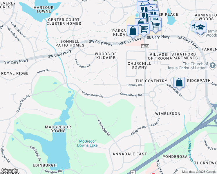 map of restaurants, bars, coffee shops, grocery stores, and more near 1501 Primrose Lane in Cary