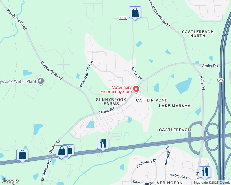 map of restaurants, bars, coffee shops, grocery stores, and more near 2506 Rambling Creek Road in Apex