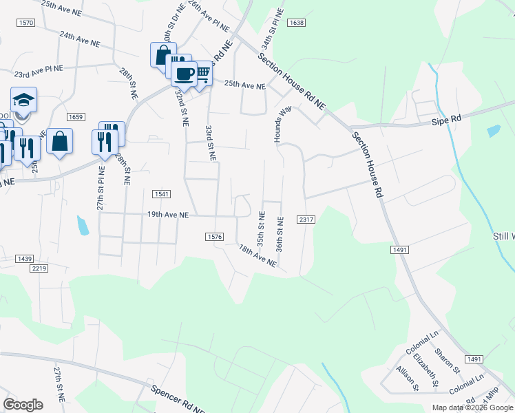 map of restaurants, bars, coffee shops, grocery stores, and more near 2010 35th Street Northeast in Hickory