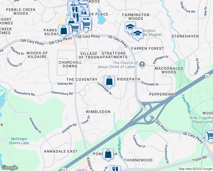 map of restaurants, bars, coffee shops, grocery stores, and more near 103 Lacoste Lane in Cary