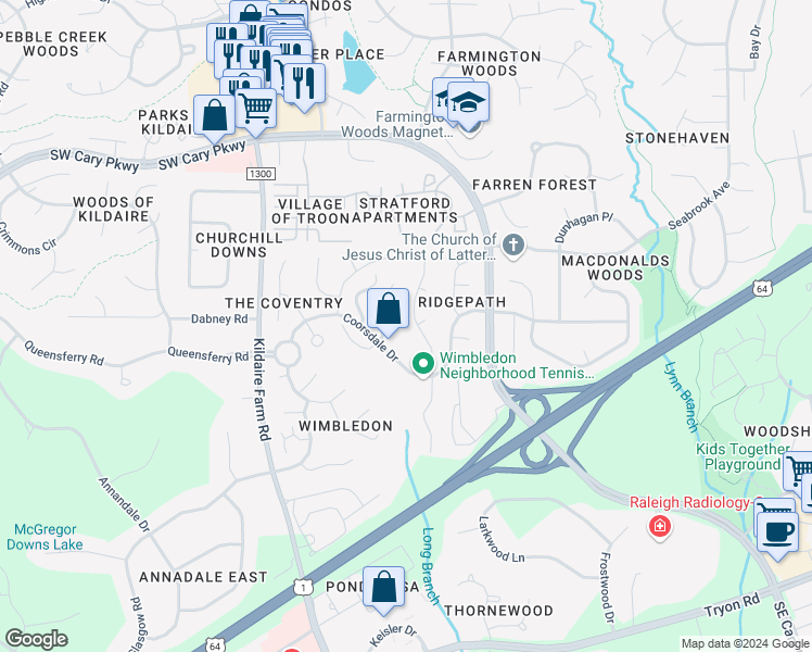 map of restaurants, bars, coffee shops, grocery stores, and more near 115 Wilander Drive in Cary