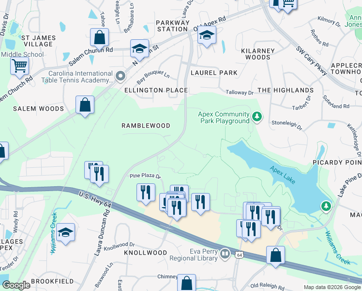 map of restaurants, bars, coffee shops, grocery stores, and more near 2070 State Road 1306 in Apex
